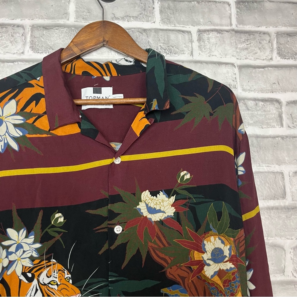 Topman Maroon Green Floral Tiger Print Men's Dress Shirt
